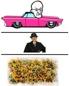 3 layers. At the top, Cummings driving a car. In the middle, a policewoman. At the bottom, a crowd of Lego people.