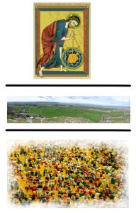 3 layers. At the top, a medieval image of God creating the world. In the middle a landscape scene. At the bottom, a crowd of Lego people.