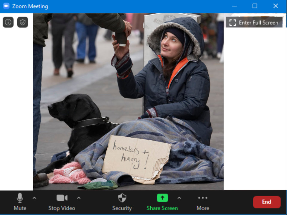A Zoom image of a homeless person