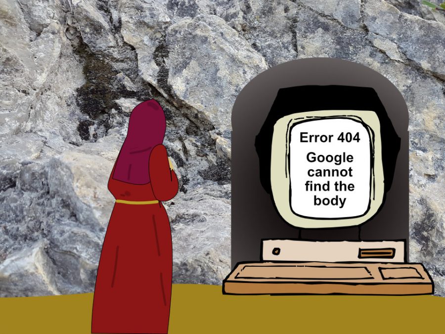 Empty tomb with a computer saying 'Error 404: Google cannot find the body'