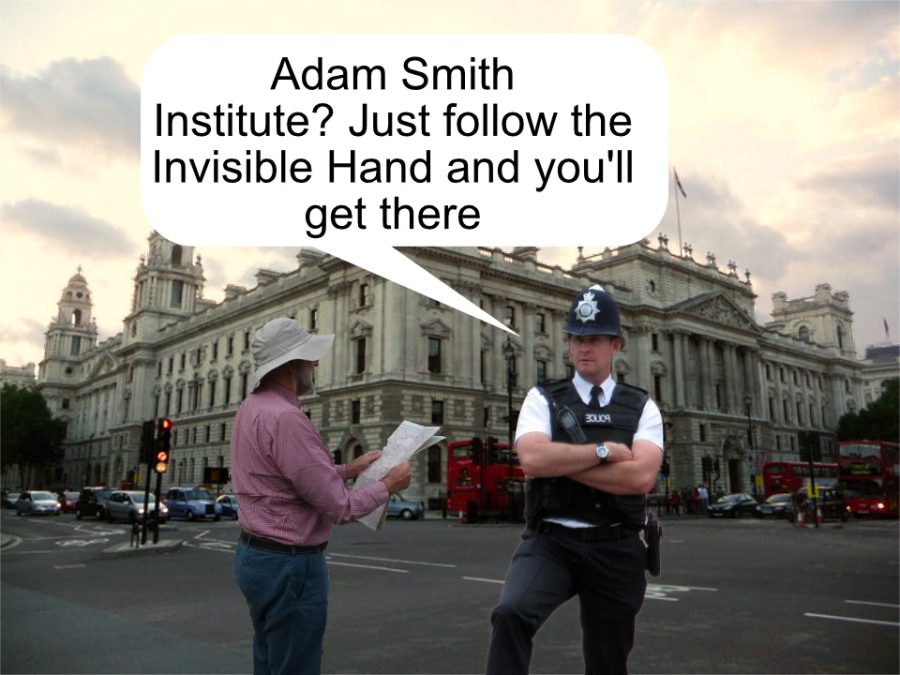 Policeman telling a tourist to follow the invisible hand to find the Adam Smith Institute