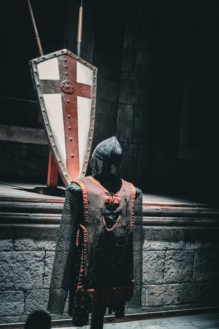 A knight is standing in front of a large shield