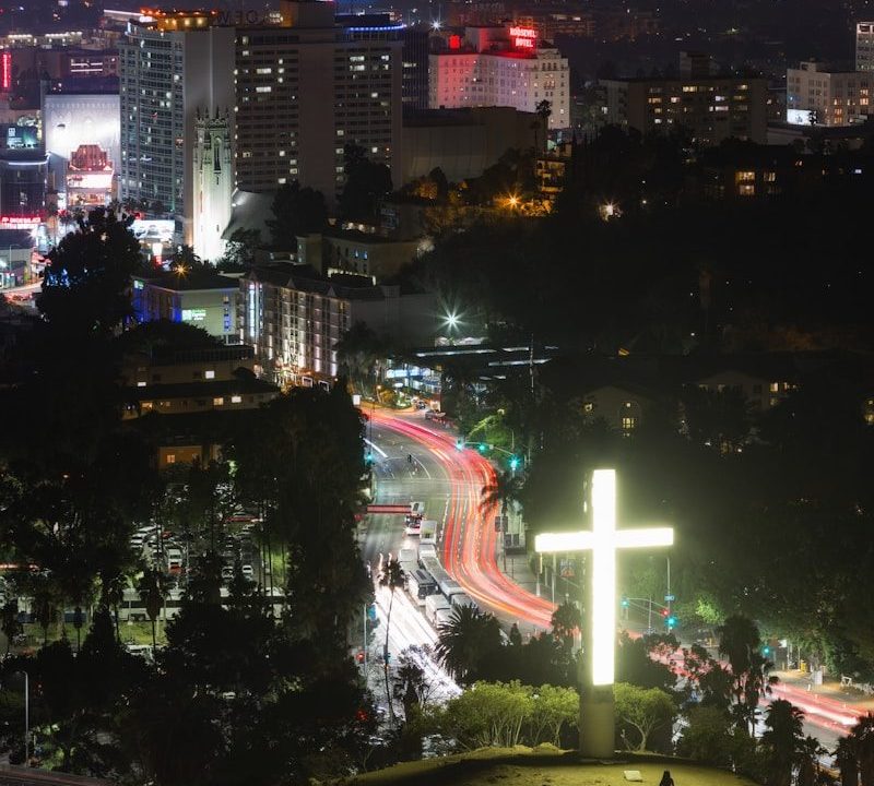 aerial photography of concrete buildings at night