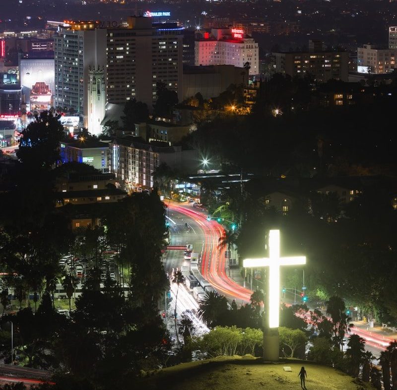 aerial photography of concrete buildings at night