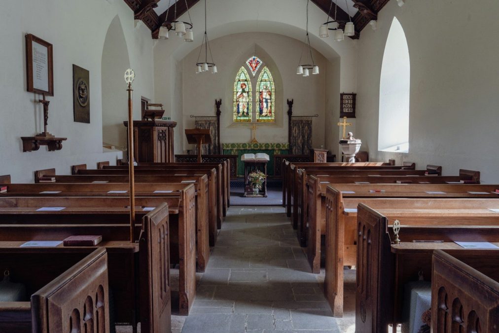 a large church with a large stained glass window